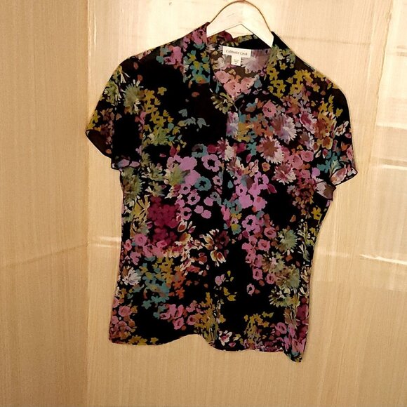 Coldwater Creek Black Sheer Floral Short Sleeve Button Front Blouse Medium - Picture 1 of 6